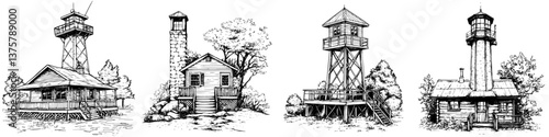 Historical fire lookout towers illustrated in a detailed pen and ink style showcase architectural designs across various landscapes