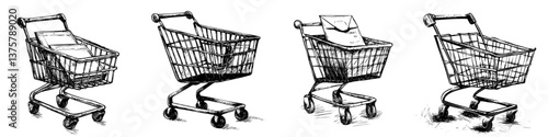 Shopping carts stacked with varying contents in a minimalist design showcasing everyday convenience
