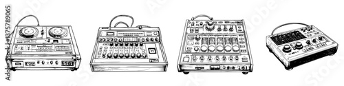 Detailed illustration of vintage music equipment including mixers, drum machines, and synthesizers displayed on a clean background