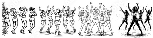 Group of dancers performing synchronized choreography in a rehearsal space during the day