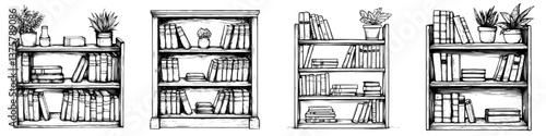 Artistic representation of bookshelves filled with books and plants in a cozy setting