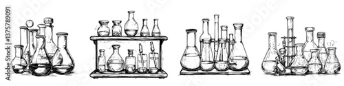 Collection of laboratory glassware arranged on tables for chemistry experiments showcasing various shapes and sizes