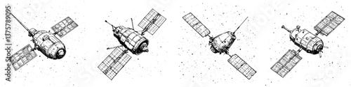 Illustration of four different spacecraft designs in flight against a starry background