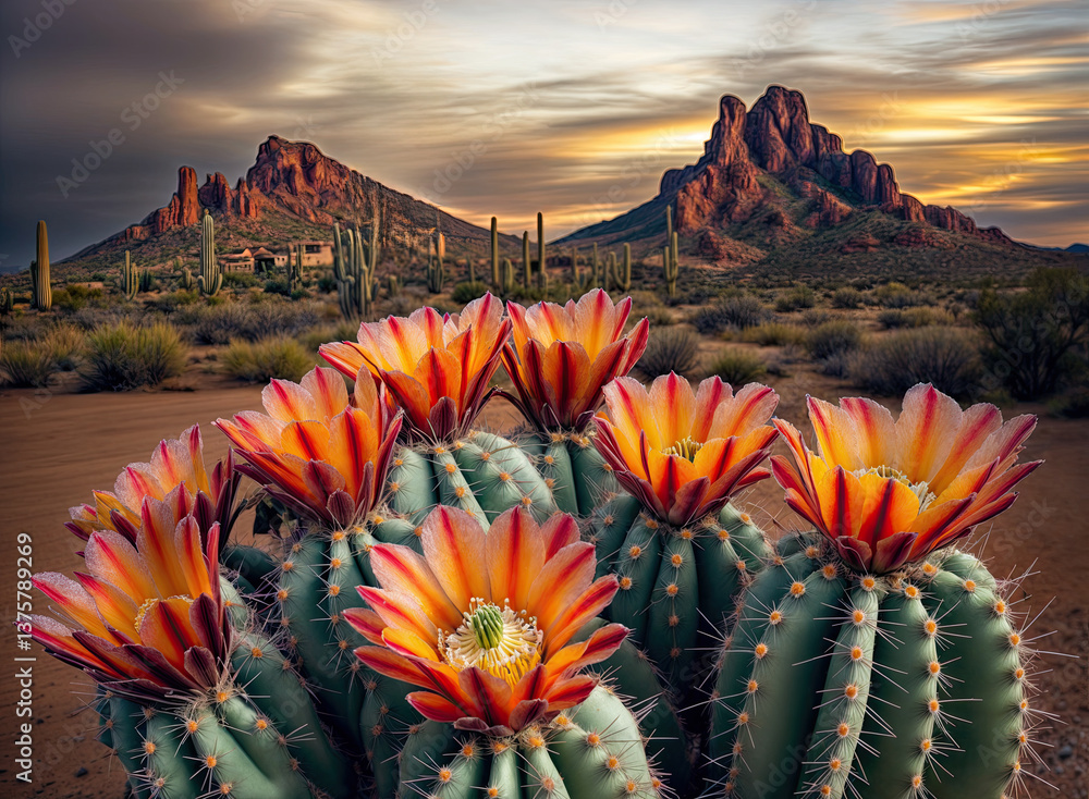 A cluster of cactus flowers bursts with color against a backdrop of dramatic red rock formations.