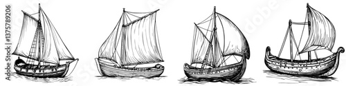 Various types of vintage sailing ships illustrated with detailed sails and hulls on the water