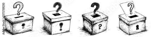 Symbolic representation of voting process with ballot boxes in different stages of use