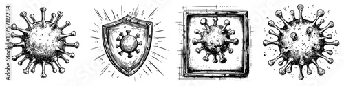 Various illustrations of a virus with shields emphasizing protection and awareness around health measures in public settings