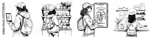 Young woman exploring a market, examining products and checking her device in a bustling store in daylight