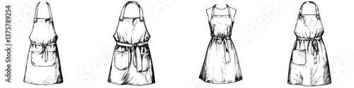 Different types of aprons displayed in a line, showcasing various styles and designs for cooking and crafting activities