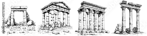 Illustration of ancient ruins showcasing different architectural styles and structures in a historical setting