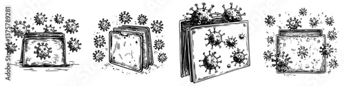 Illustrations of virus particles around digital files depicting the impact of pandemics on data management