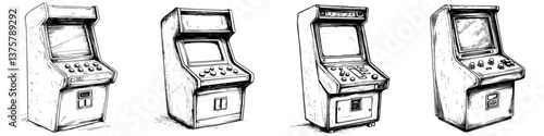 Collection of four vintage arcade game machines displayed in a creative sketch style
