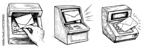 Hand inserting envelope into ATM during a financial transaction at a bank location