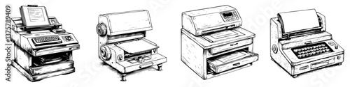 Different varieties of vintage printers and copy machines lined up, showcasing technology from the past