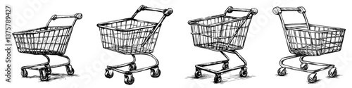 Various sketches of shopping carts in different positions and styles showcasing their design and purpose in retail environments