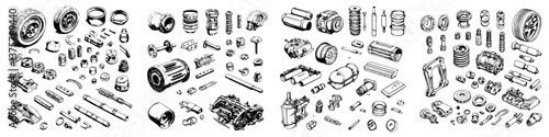 Detailed assembly of automotive parts arranged for inspection in a workshop environment