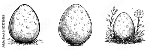 Unique hand-drawn egg illustrations featuring various textures and natural elements in a sketch style