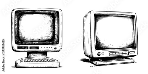 Vintage computer monitors showcasing retro technology in a minimalist design style