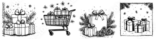 Festive holiday gift preparations with presents, shopping cart, and decorations in a seasonal mood