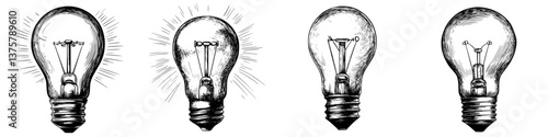 Creative process of innovation illustrated through various light bulb designs showcasing different states of ideas
