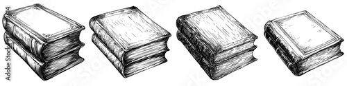 Various stacks of vintage books arranged in a row on a plain background showcasing different angles and textures