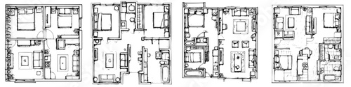 Floor plan designs showcasing different layouts for residential spaces with varying room arrangements and sizes