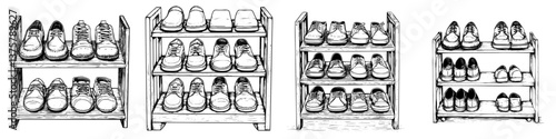Different types of shoes arranged neatly on wooden shelves in a storage area, showcasing various designs and styles for easy access