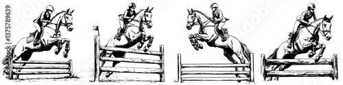 Horse jumping sequence demonstrates skill and technique during a competition in the countryside at sunset