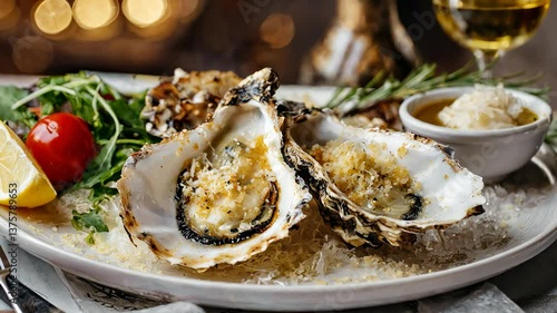 Fresh grilled oysters resting on crushed ice, garnished with parmesan, herbs, lemon