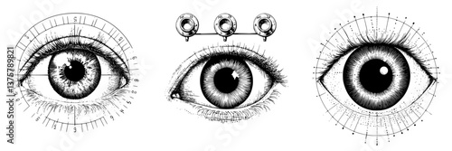 Detailed illustrations of human eyes highlighting various features and styles in black and white artistic design