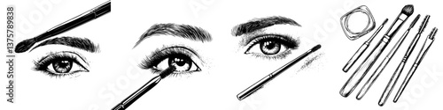 Detailed illustration of eye makeup application with various brushes and tools shown in a step-by-step process