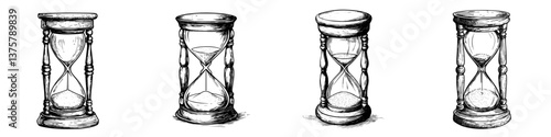 Vintage hourglass collection displaying different stages of time passage against a clean white background