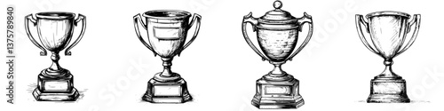 Various styles of decorative trophies displayed in a row showcasing awards for achievements and competitions