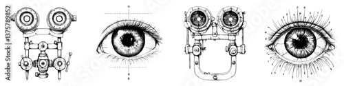 Artwork depicting various optical instruments and human eyes in a creative illustration