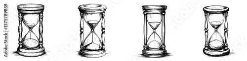 Classic hourglasses in various stages of sand flow showcasing the passage of time through artful design and craftsmanship