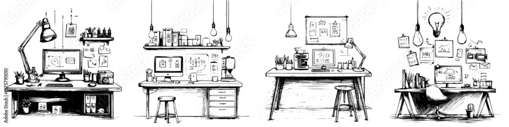 Fototapeta premium Creative workspaces with modern desks, gadgets, and artistic elements in a minimalist style