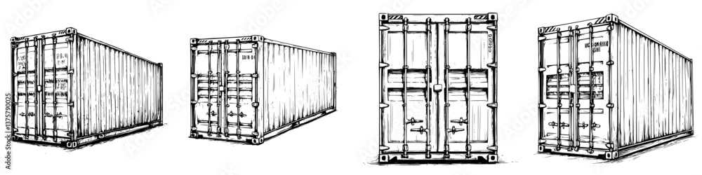 Detailed illustrations of shipping containers in various orientations showcasing structural design and functionality Detailed illustrations of shipping containers in various orientations showcasing structural design and functionality