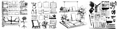 Creative workspace setup featuring bookshelves, plants, and art supplies in a cozy environment