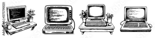 Evolution of computer technology with vintage and modern styles showcased together