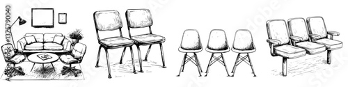 Stylish furniture design display featuring various seating options in a minimalist setting