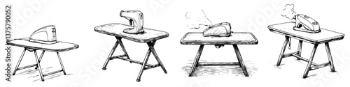 Different types of irons on ironing boards from vintage to modern models displaying various designs and functionalities