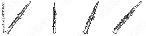 Various perspectives of a woodwind instrument displayed in a creative arrangement