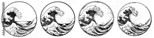 Four artistic representations of waves showcasing different styles and techniques during a serene coastal sunset