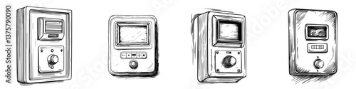 Various vintage control panels displayed in a sketch style showcasing retro design elements and different functionalities