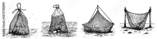 Artwork depicting stages of fishing net usage from collection to disposal at a coastal location over time