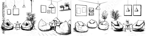 Cozy bean bag lounge in a modern cafe setting, perfect for relaxing and socializing with friends or engaging in quiet study sessions