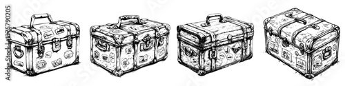 Vintage luggage collection showcasing unique designs with travel stamps and tags displayed on a white background