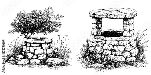 Stone wells surrounded by lush greenery in a tranquil landscape at midday