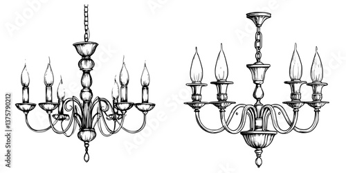 Elegant line art of two vintage chandeliers showcasing intricate designs and classic features in a monochrome style