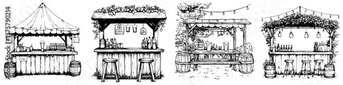 Four unique market stalls showcasing diverse beverages and inviting outdoor ambiance in a lively setting, perfect for gatherings or festivals